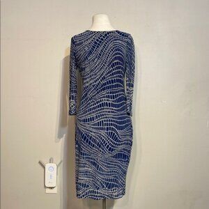 Blue and White Sheath Dress with Bateau Neckline and low back